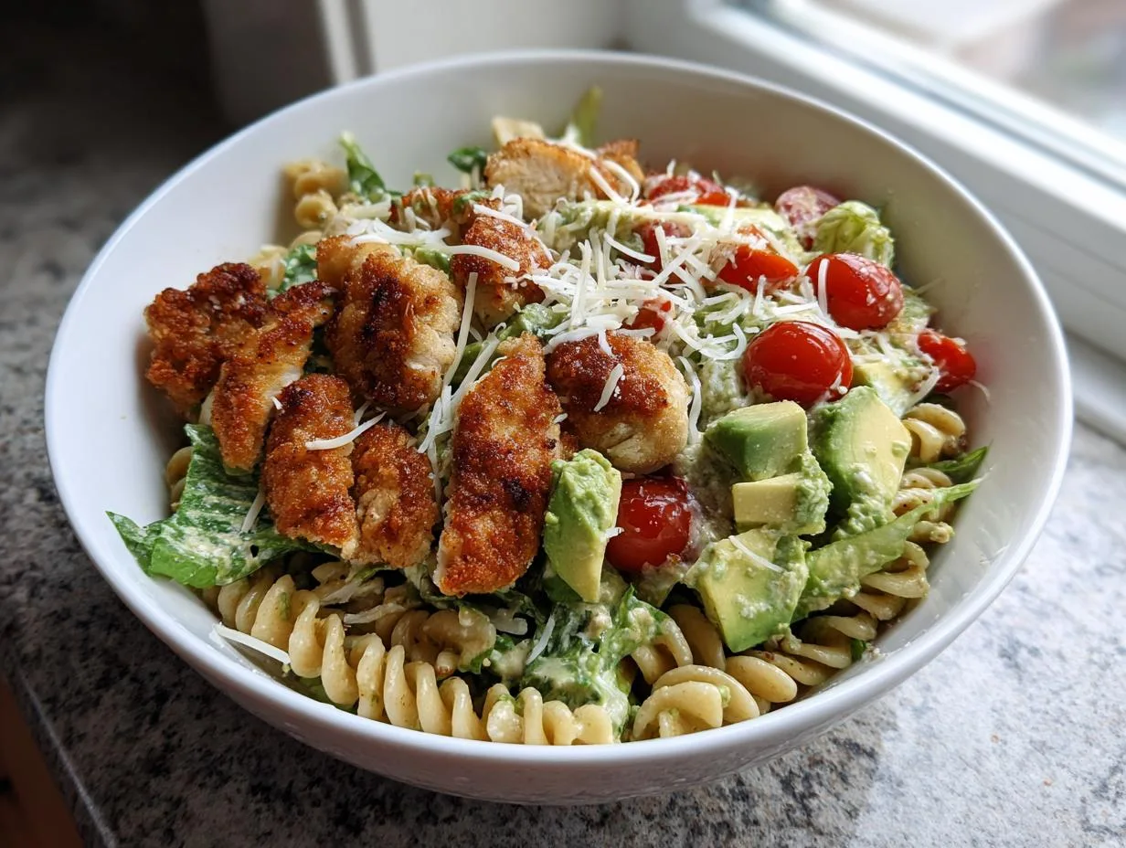 25-Minute Crispy Chicken Caesar Pasta Bowl You’ll Crave Daily