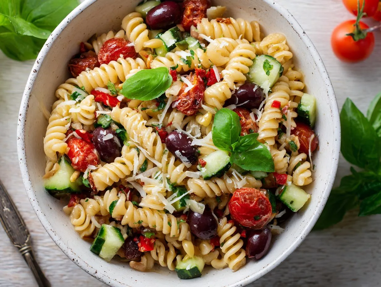 Delicious Olive Tomato Pasta Salad Recipe Ready in 20 Minutes