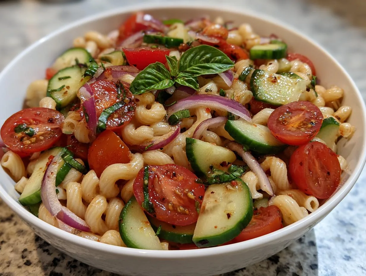 Delectable Tomato Cucumber Pasta Salad Bowl in 15 Min